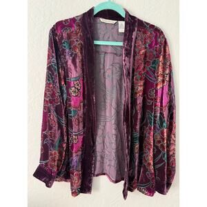 French Laundry Floral Velvet Burnout Long Sleeve Open Front Jewel Tone Kimono XL